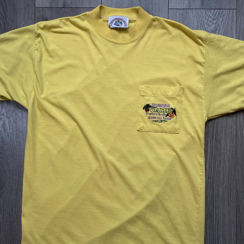 Vintage Camp Beverly Hills yellow t-shirt, 1977 embroidered pocket detail